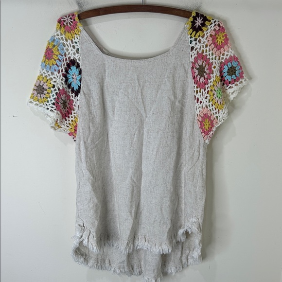 UMGEE Frayed Hem Linen Blend Colorful Crochet Sleeve Boho Tunic Top Size Small - Picture 4 of 14